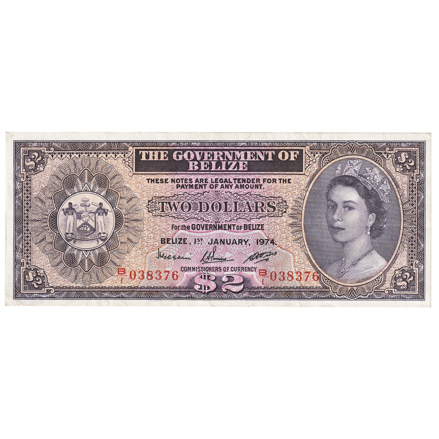 Belize 1974 2 Dollar Note, Pick #34a, VF-EF