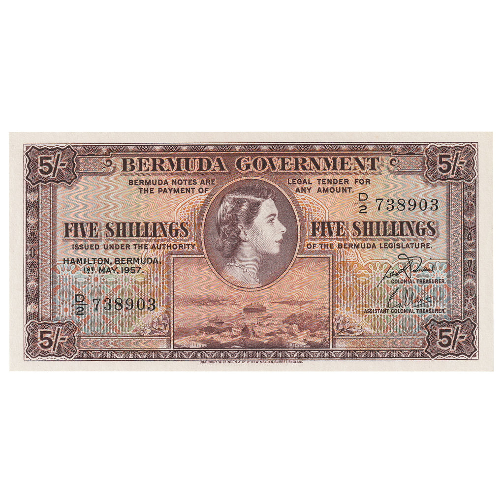 Bermuda 1957 5 Shilling Note, Pick #18b, UNC