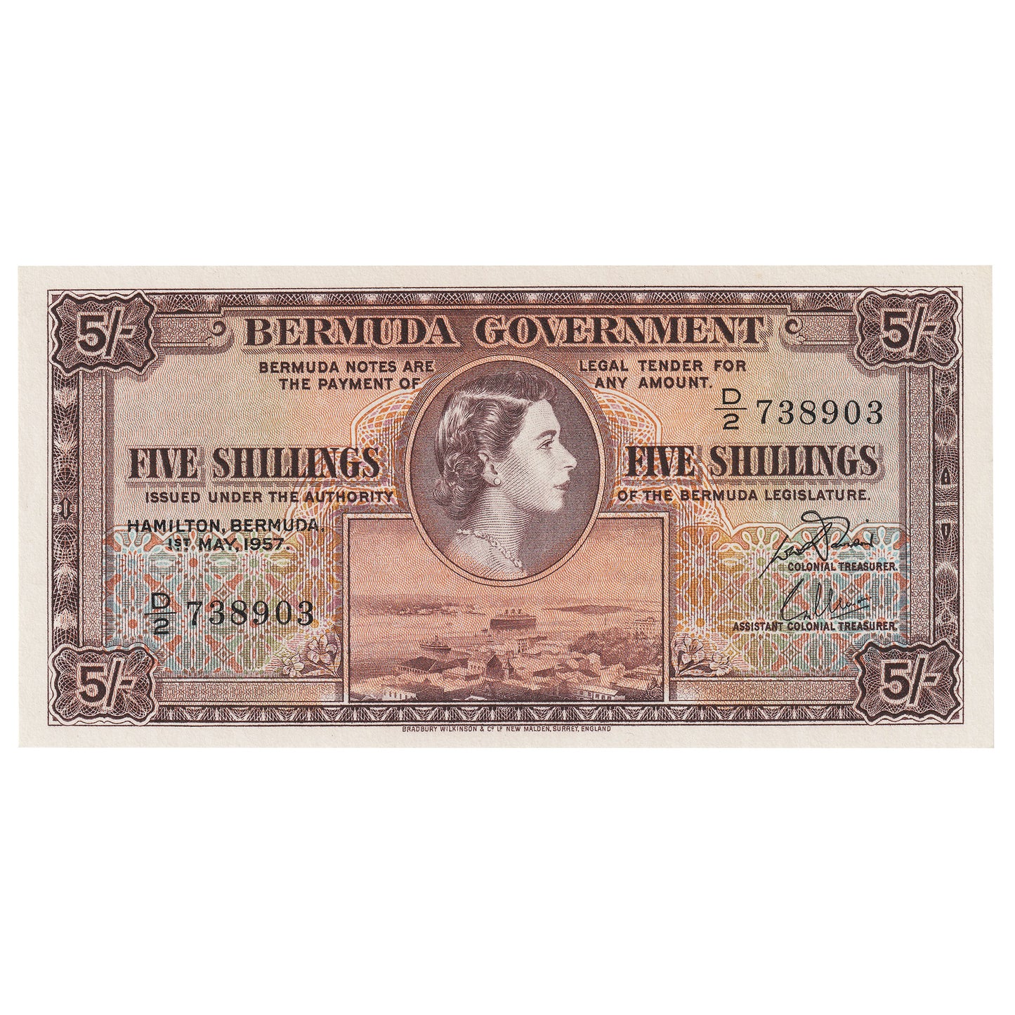 Bermuda 1957 5 Shilling Note, Pick #18b, UNC