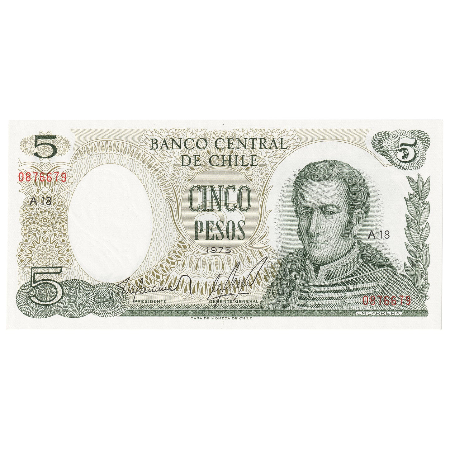 Chile 1975 5 Peso Note, Pick #149a, UNC