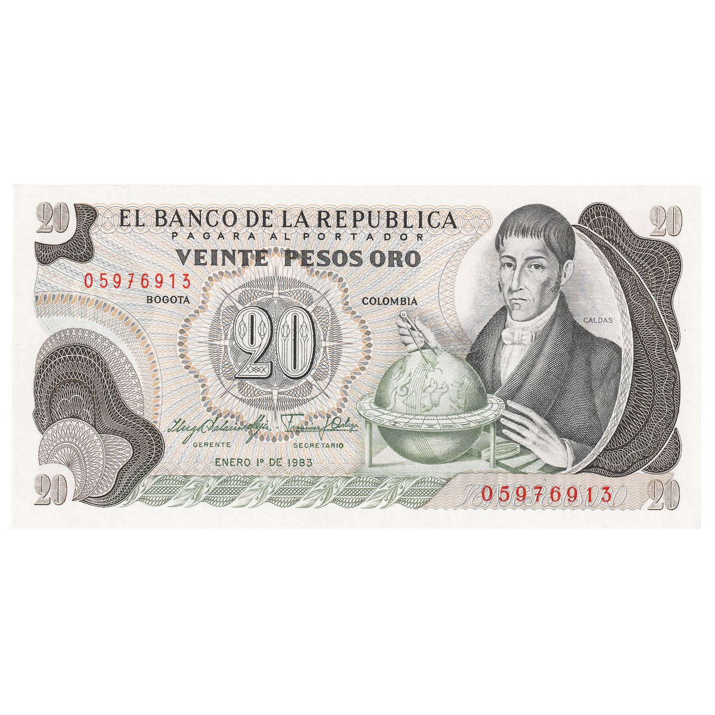 Colombia 1983 20 Pesos Oro Note, Pick #409d, UNC