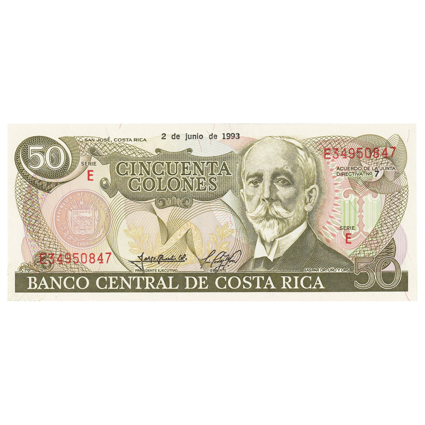 Costa Rica 1993 50 Colones Note, Pick #257a, UNC