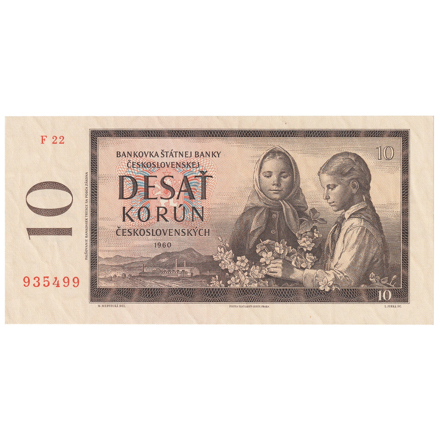 Czechoslovakia 1960 10 Korun Note, Pick #88a, Series F, UNC