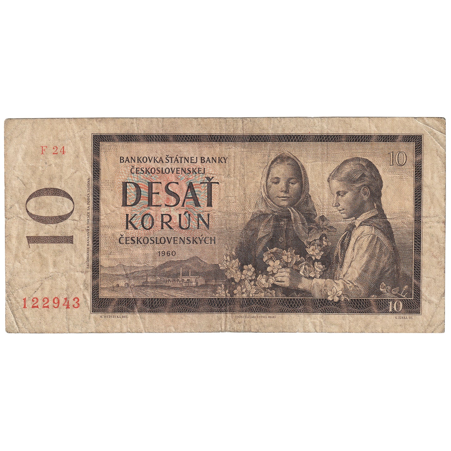 Czechoslovakia 1960 10 Korun Note, Pick #88a, Series F, F