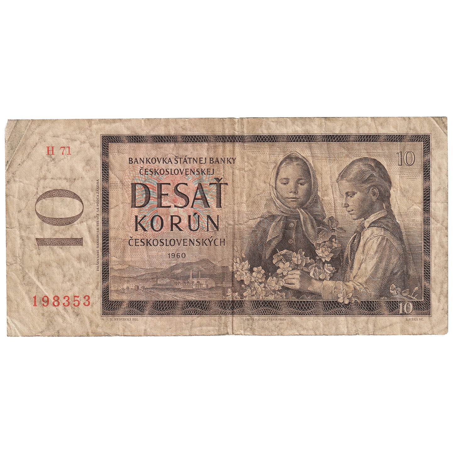 Czechoslovakia 1960 10 Korun Note, Pick #88a, Series H, VF