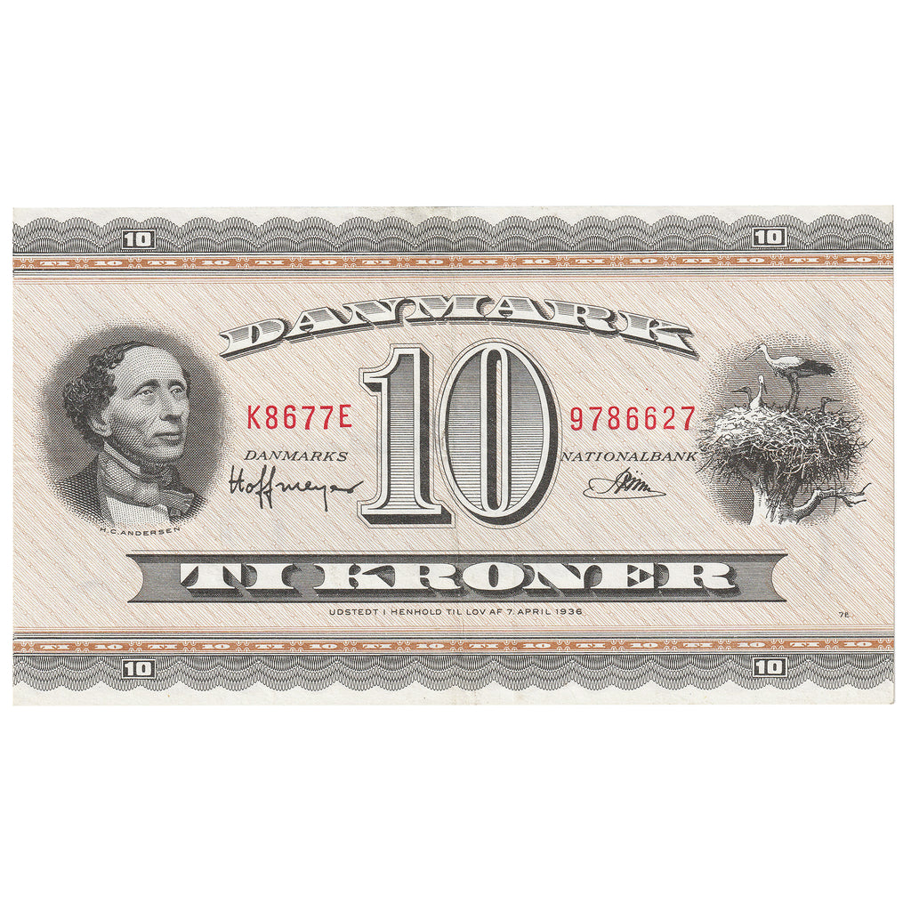 Denmark 1967 10 Kroner Note, Pick #44y, EF