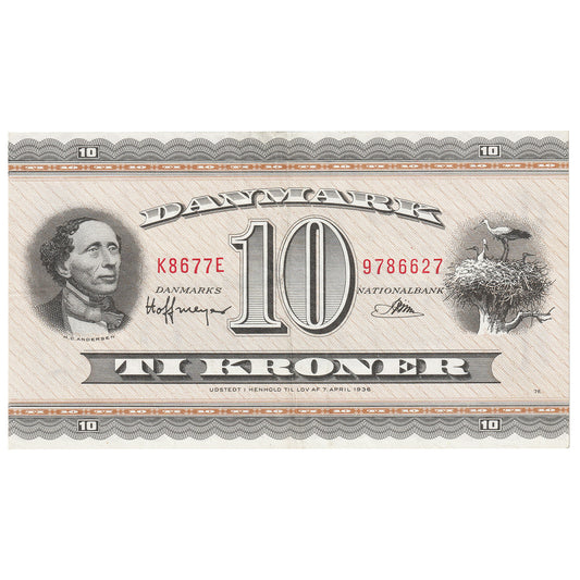 Denmark 1967 10 Kroner Note, Pick #44y, EF