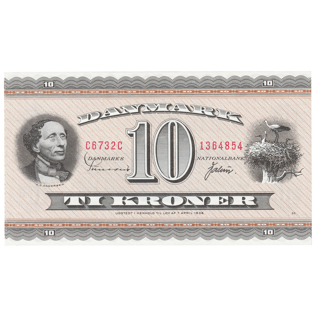 Denmark 1973 10 Kroner Note, Pick #44ag, UNC
