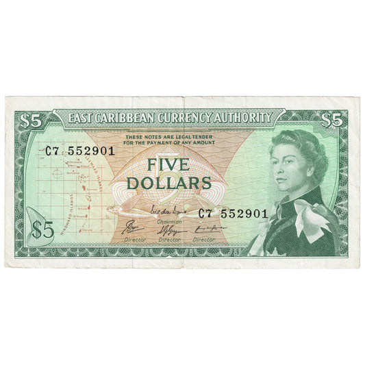 East Caribbean States 1965 5 Dollar Note, Pick #14g, Signature 8, VF