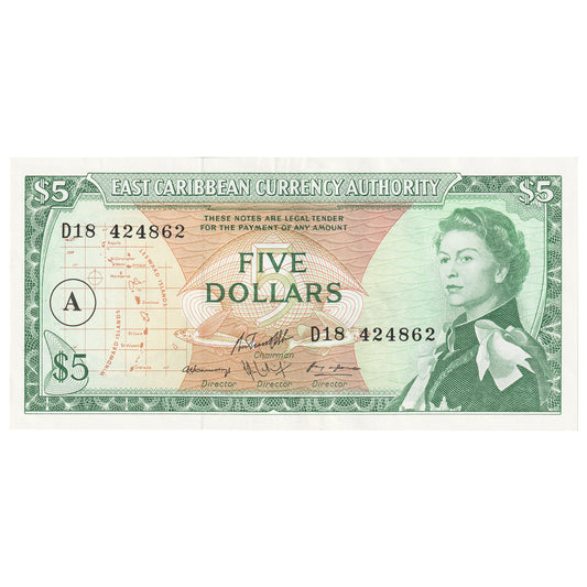 East Caribbean States 1965 5 Dollar Note, Pick #14h, Signature 10, AU