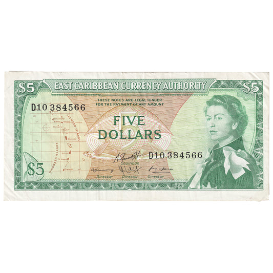 East Caribbean States 1965 5 Dollar Note, Pick #14h, Signature 10, EF