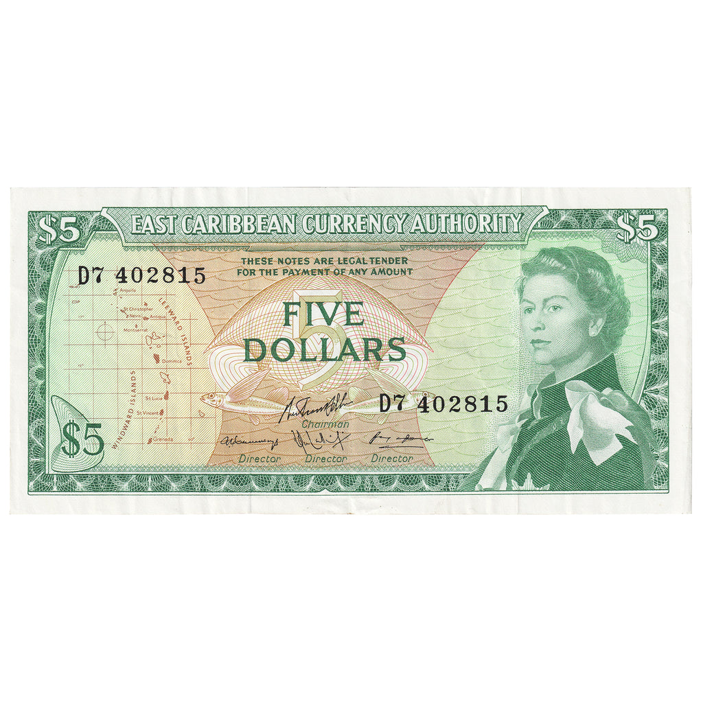 East Caribbean States 1965 5 Dollar Note, Pick #14h, Signature 10, VF-EF