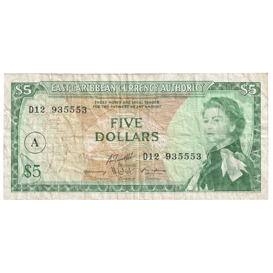 East Caribbean States 1965 5 Dollar Note, Pick #14i, A in Circle, Signature 10, VF