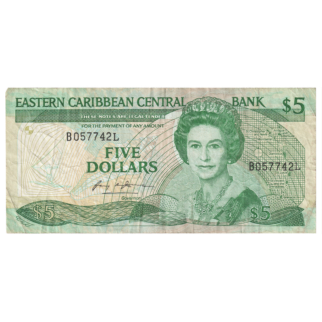 East Caribbean States 1986-88 5 Dollar Note, Pick #18l, VF