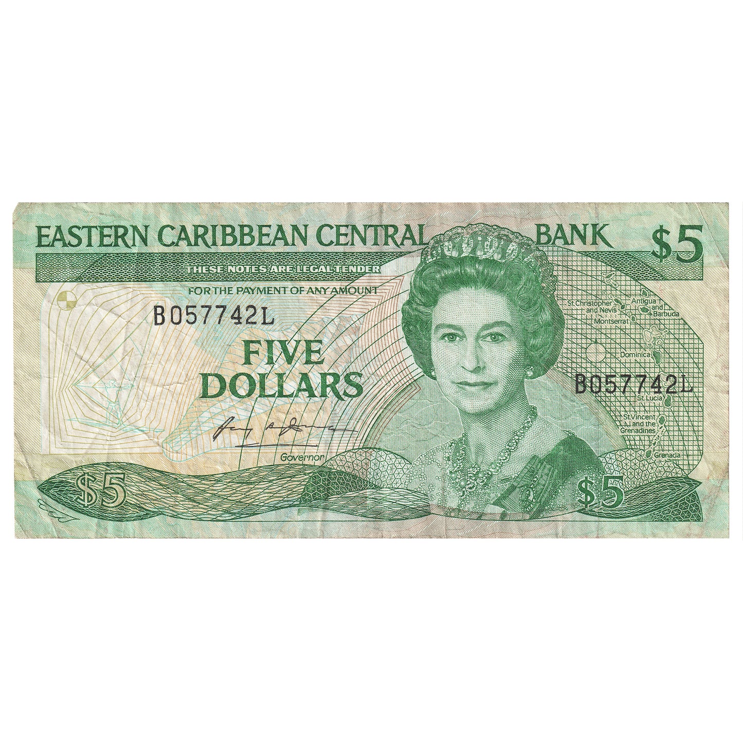 East Caribbean States 1986-88 5 Dollar Note, Pick #18l, VF