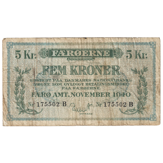 Faeroe Islands 1940 5 Kroner Note, Pick #10, F