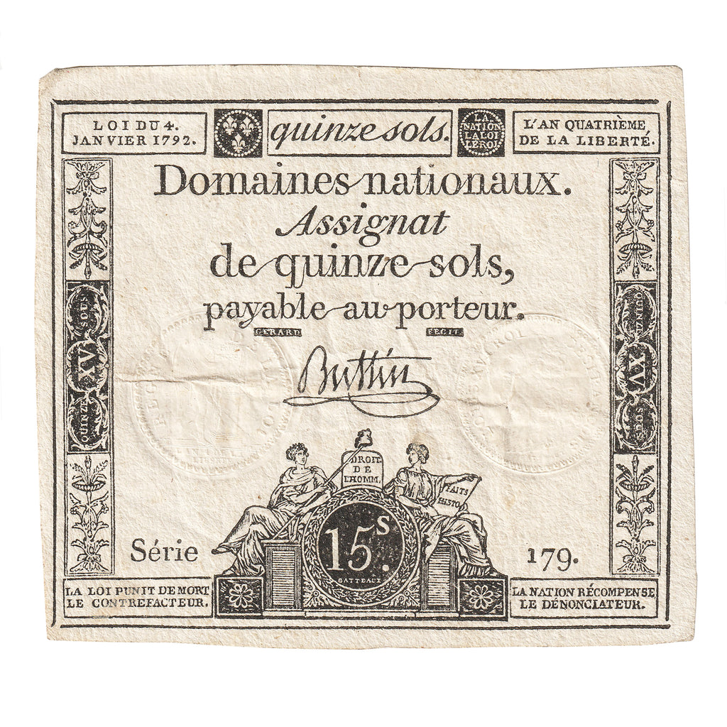 France 1793 15 Sols Note, Pick #A69, VF