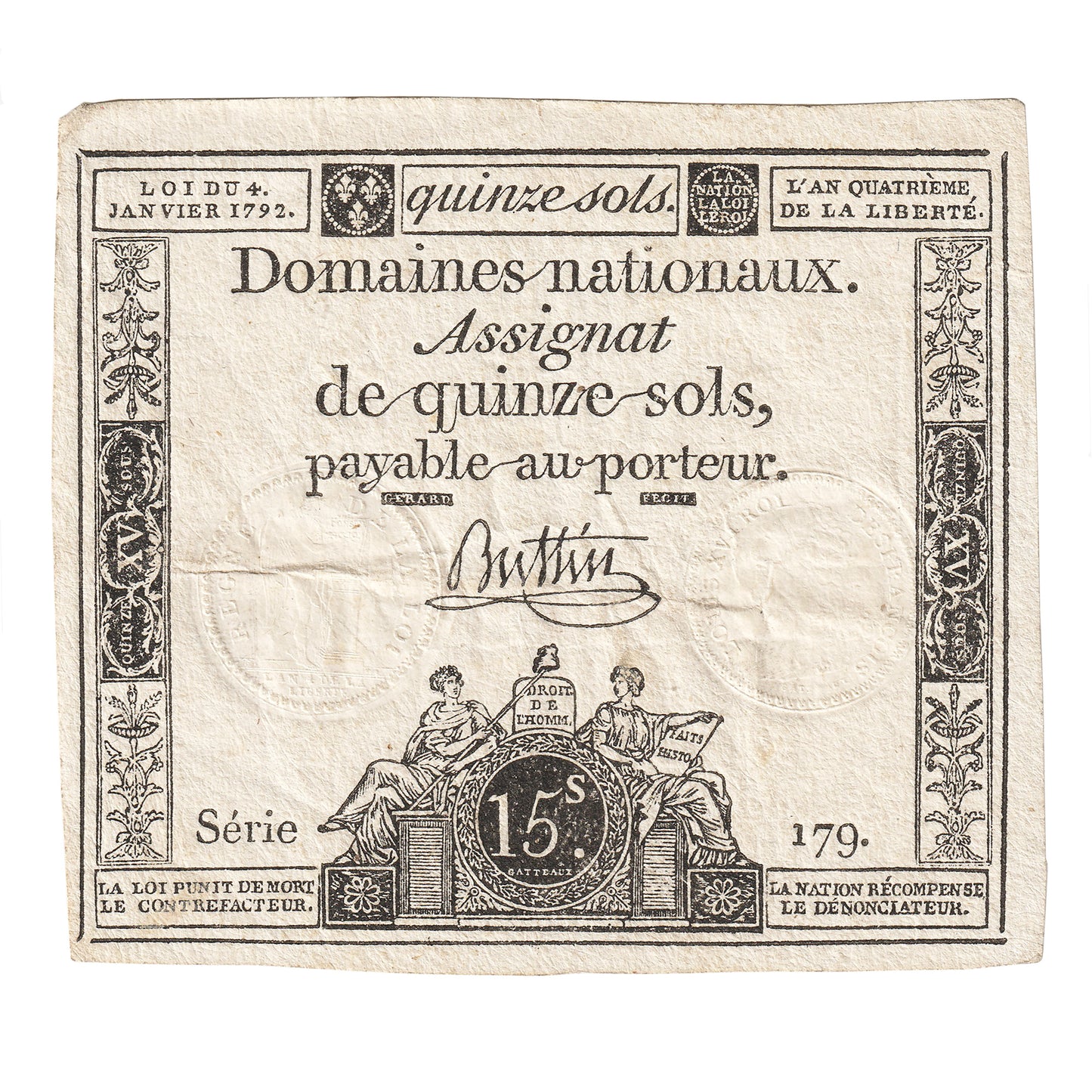 France 1793 15 Sols Note, Pick #A69, VF
