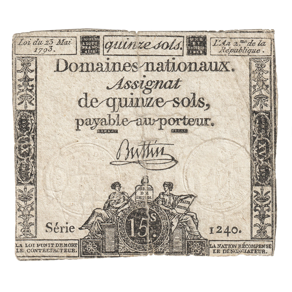 France 1793 15 Sols Note, Pick #69, F