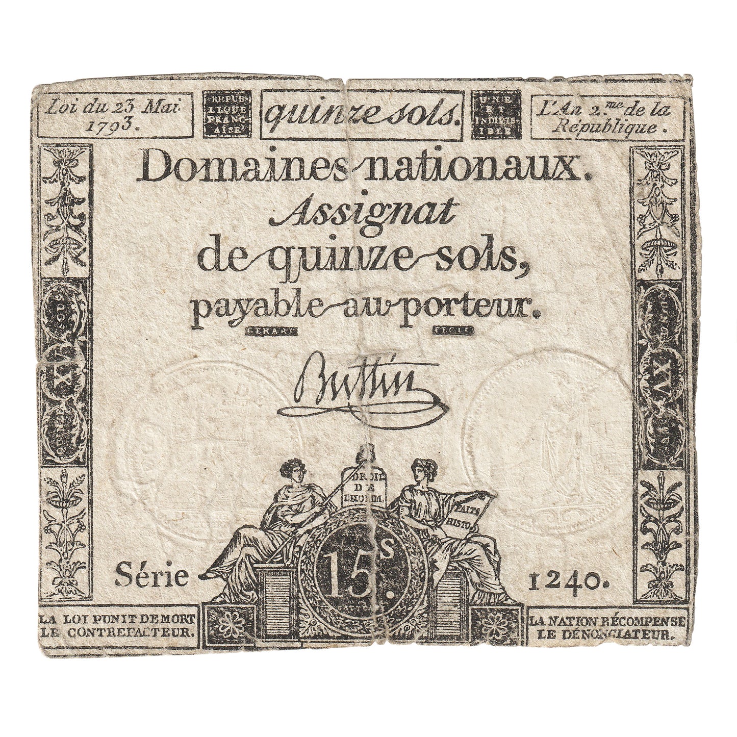 France 1793 15 Sols Note, Pick #69, F