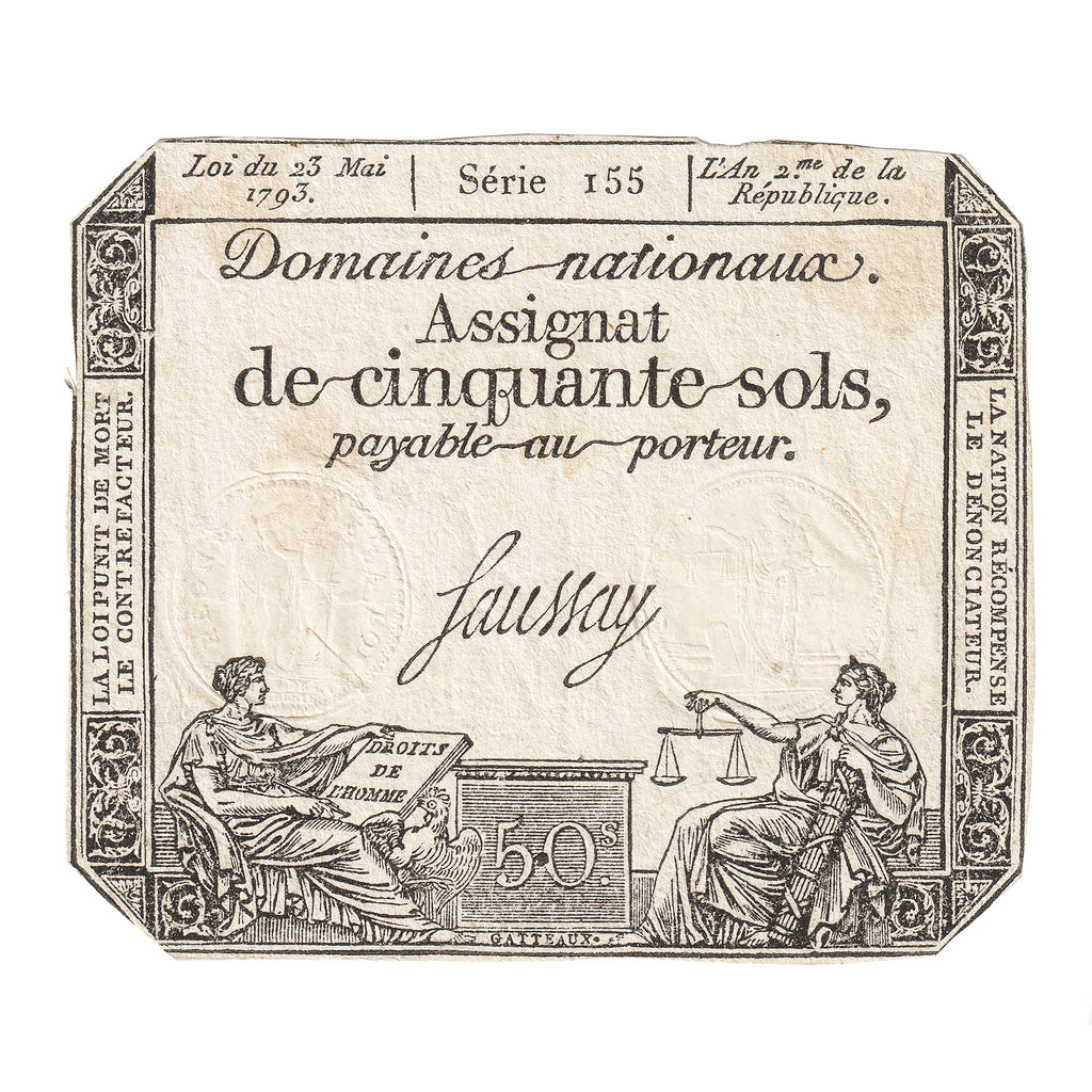 France 1793 50 Sols Note, Pick #70, F
