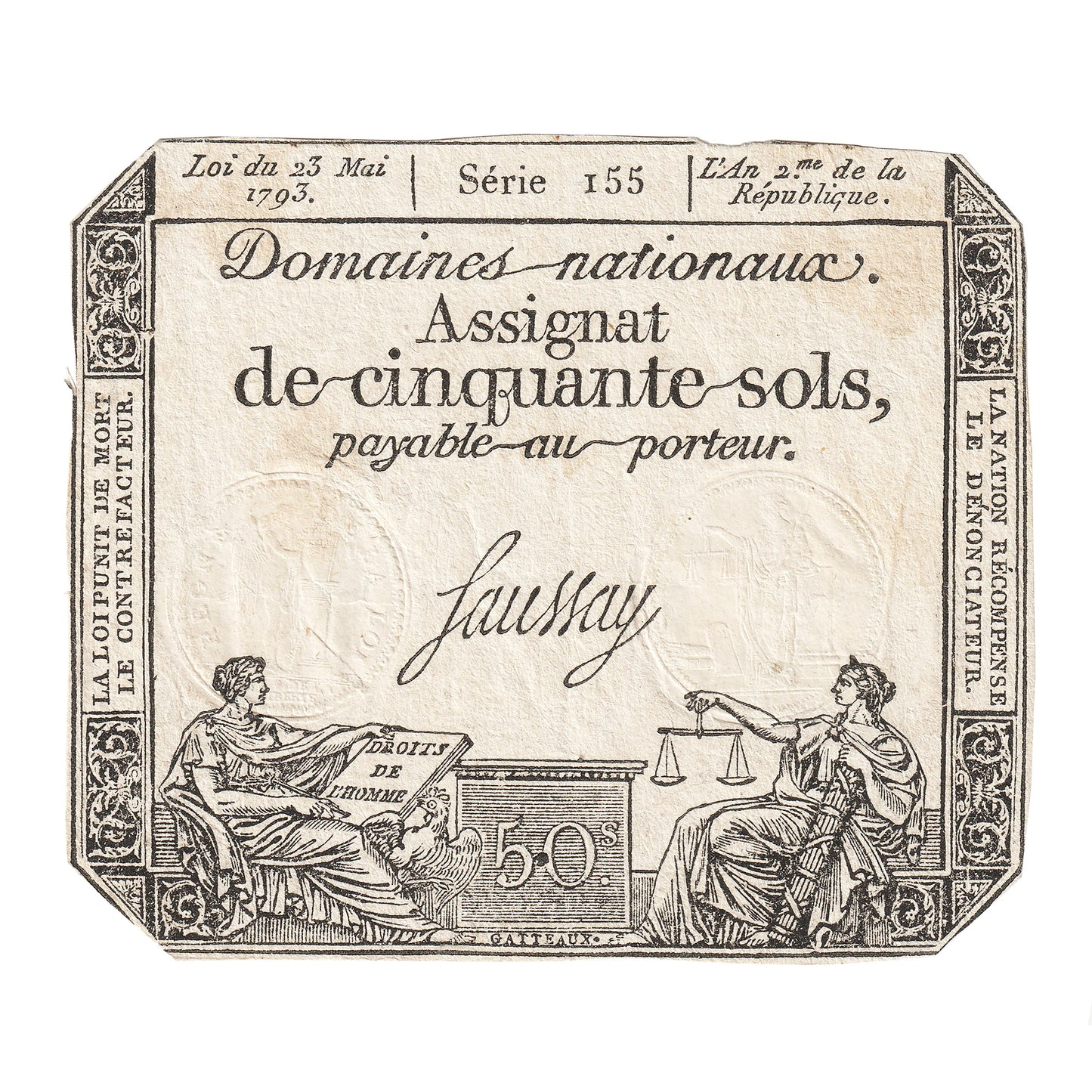 France 1793 50 Sols Note, Pick #70, F