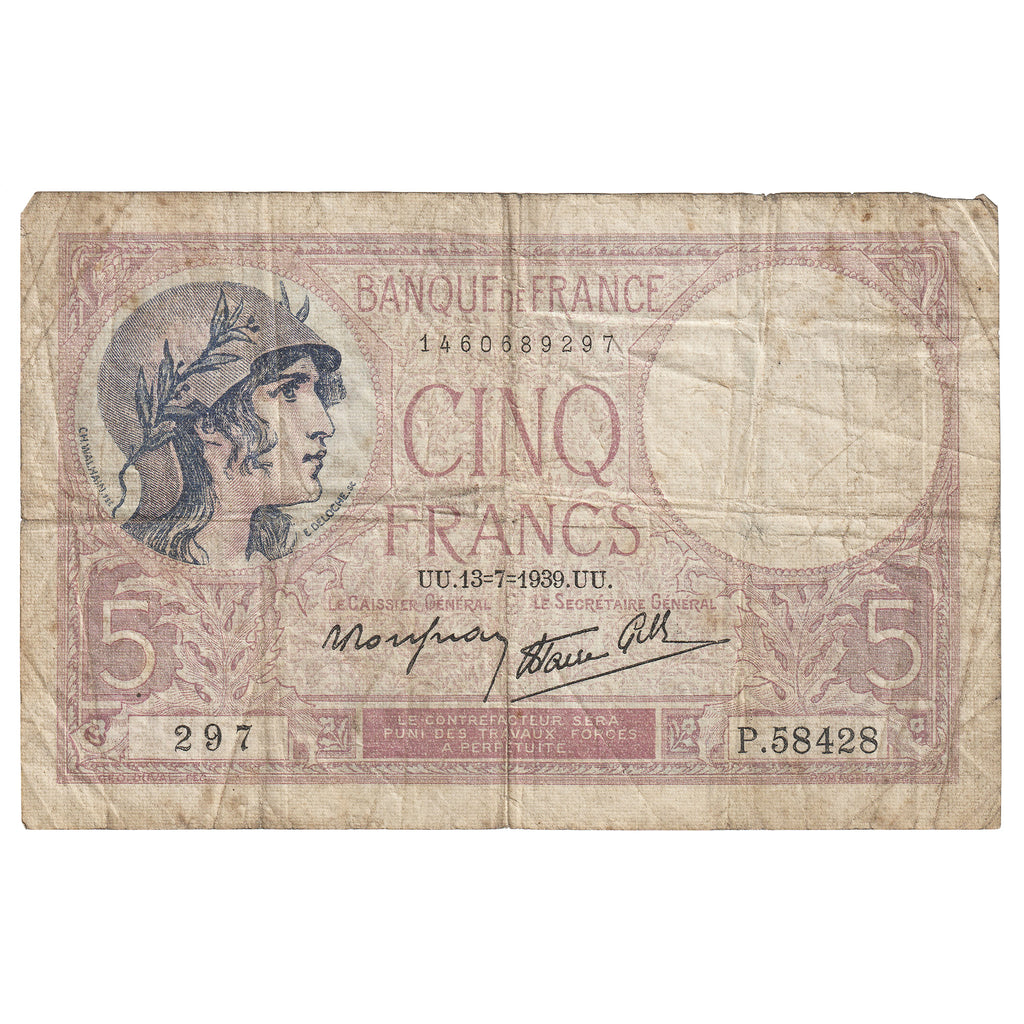 France 1939 5 Francs Note, Pick #83, F-VF