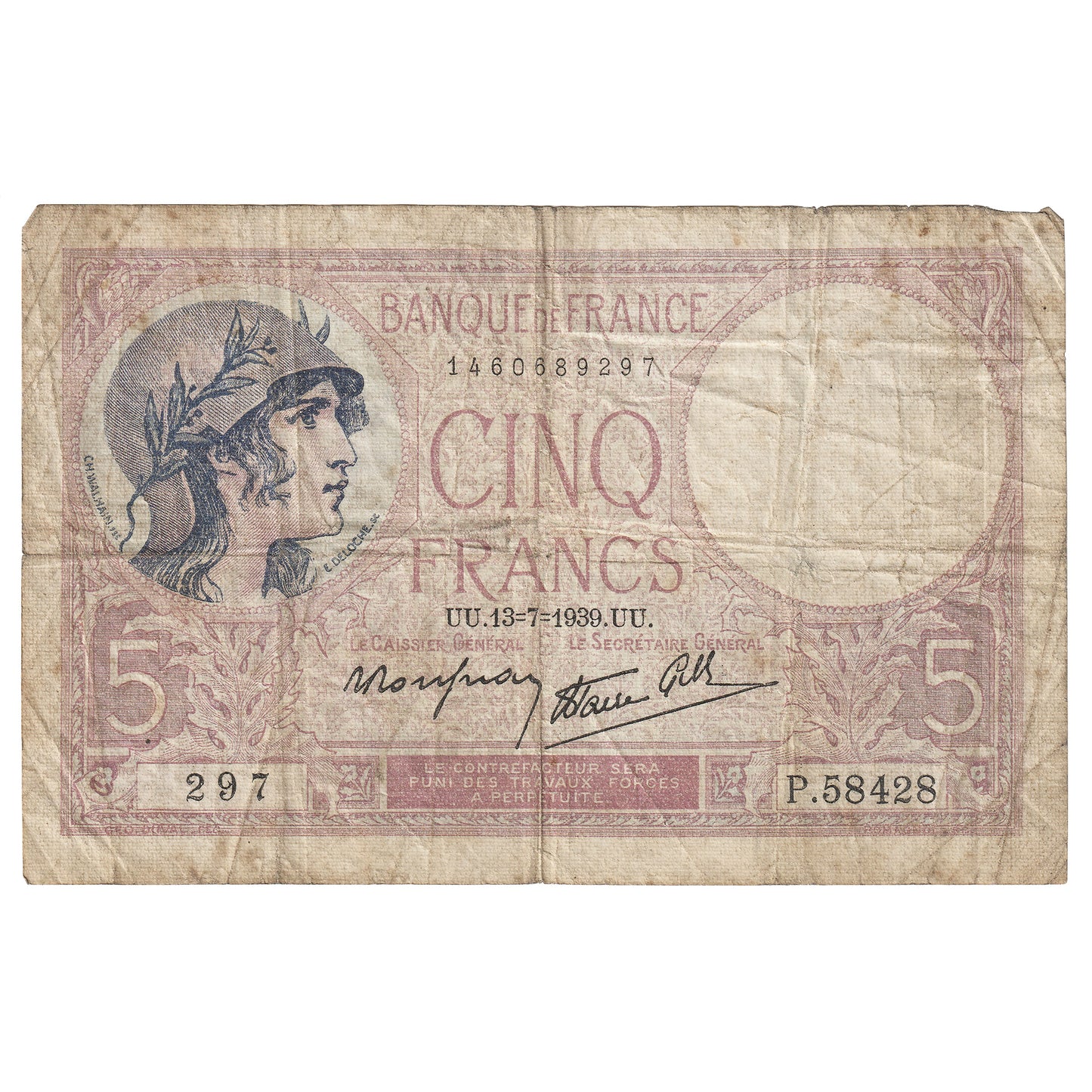 France 1939 5 Francs Note, Pick #83, F-VF