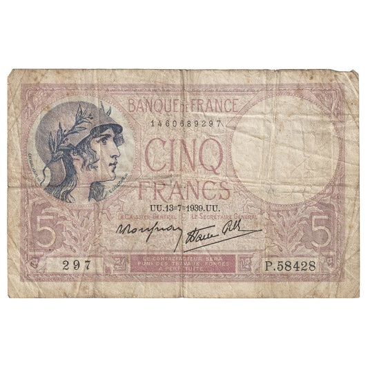 France 1939 5 Francs Note, Pick #83, F-VF