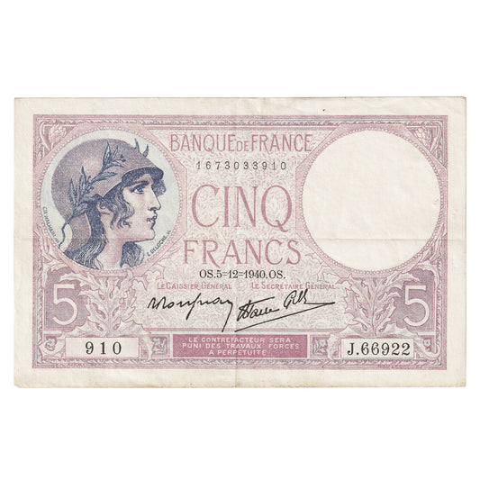 France 1940 5 Francs Note, Pick #83, EF