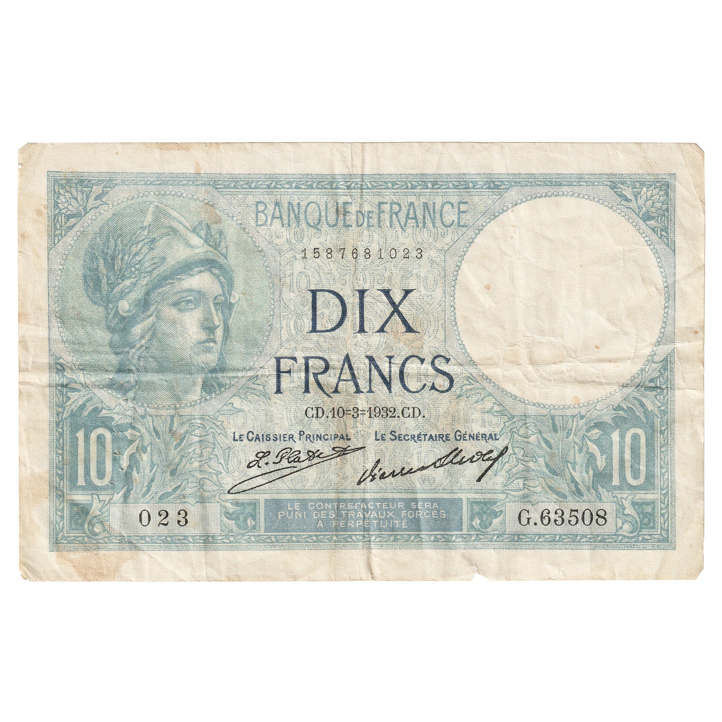 France 1932 10 Francs Note, Pick #73d, VF