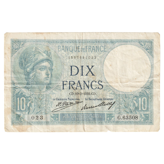 France 1932 10 Francs Note, Pick #73d, VF