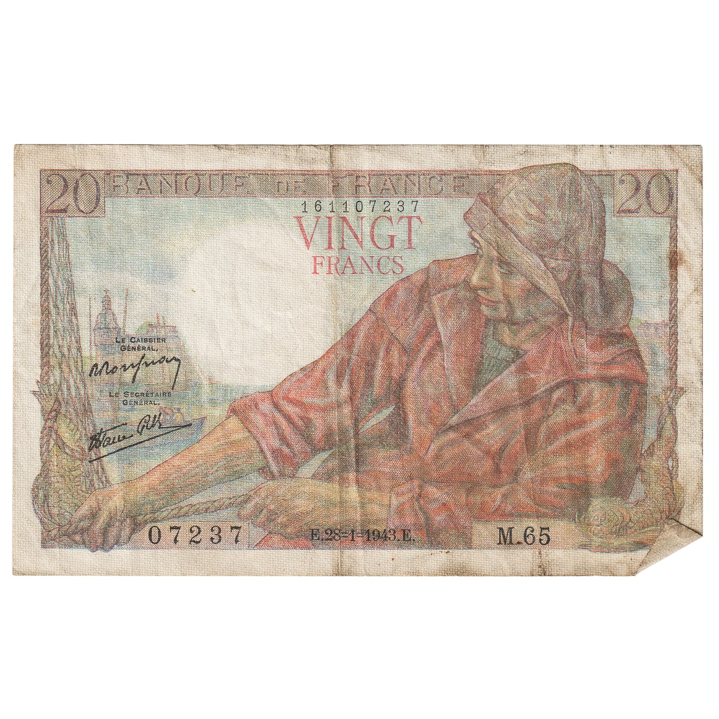 France 1943 20 Francs Note, Pick #100a, VF-EF