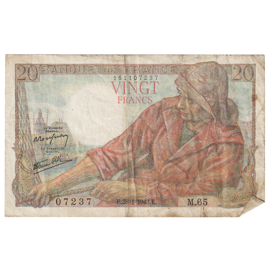 France 1943 20 Francs Note, Pick #100a, VF-EF