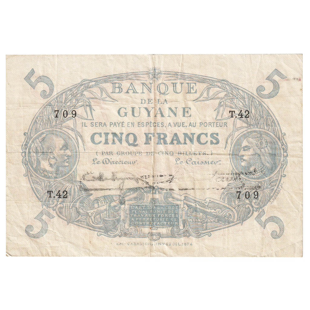 French Guiana L.1901 (1942) 5 Francs Note, Pick #1d, VF