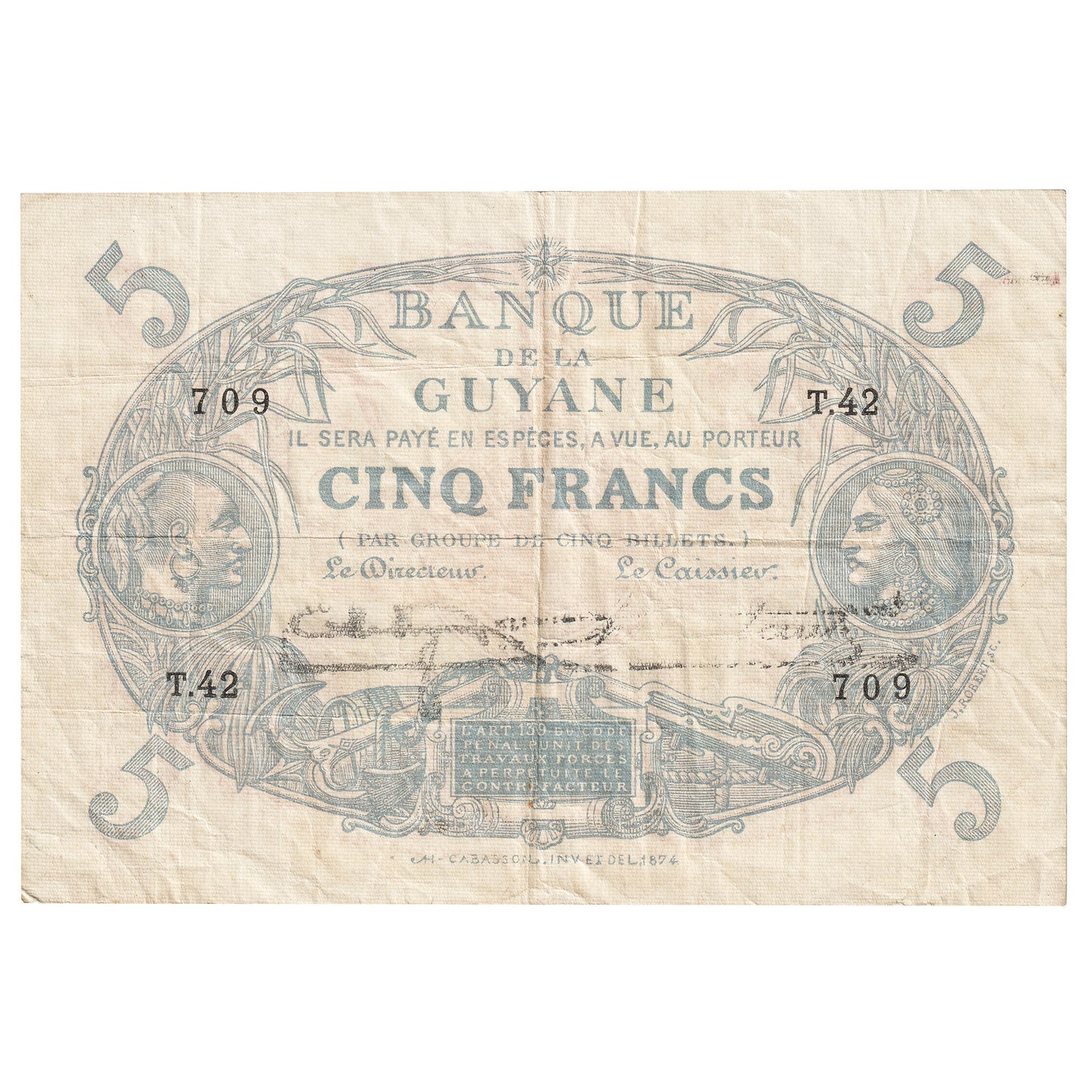 French Guiana L.1901 (1942) 5 Francs Note, Pick #1d, VF