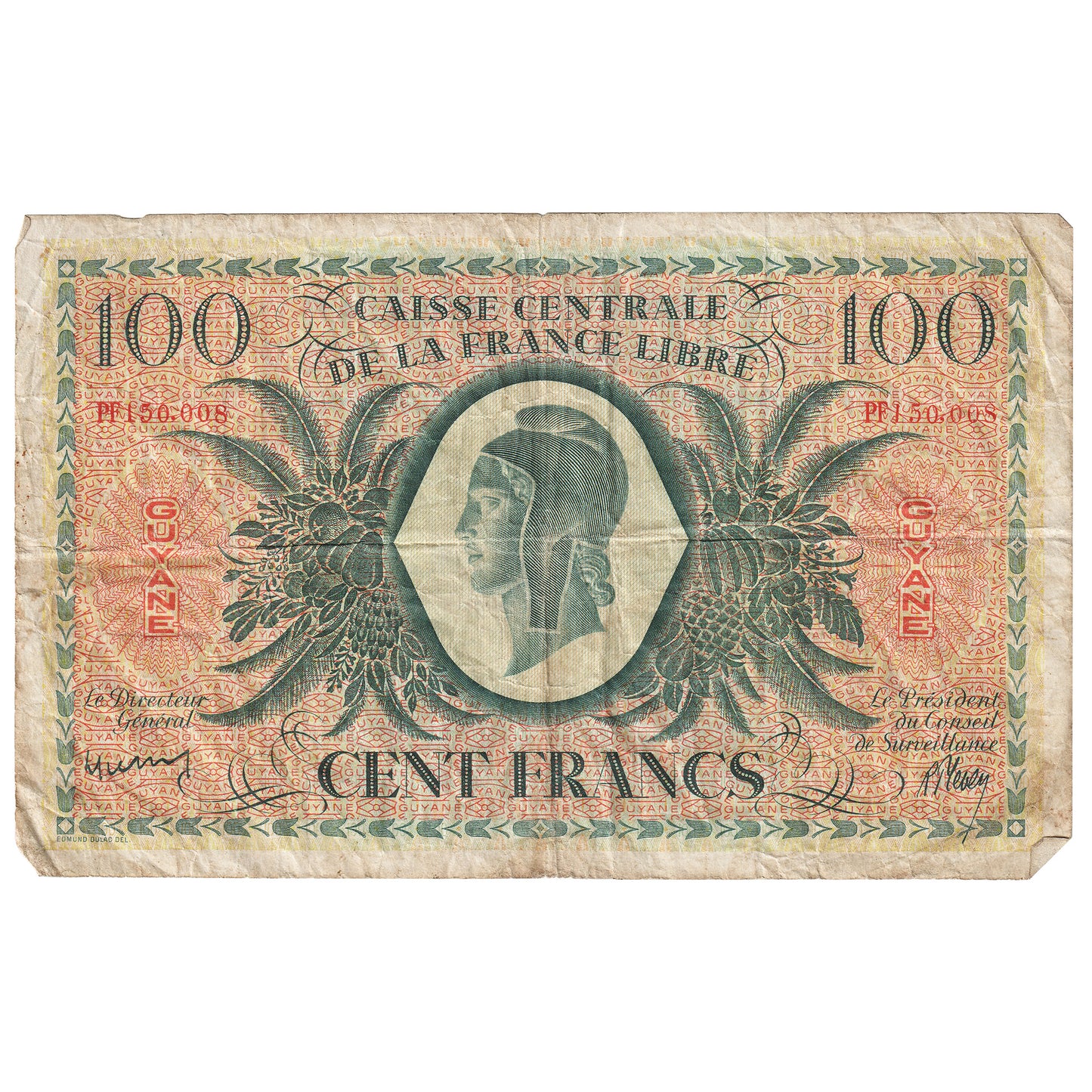 French Guiana L.1941 100 Francs Note, Pick #16a, VF