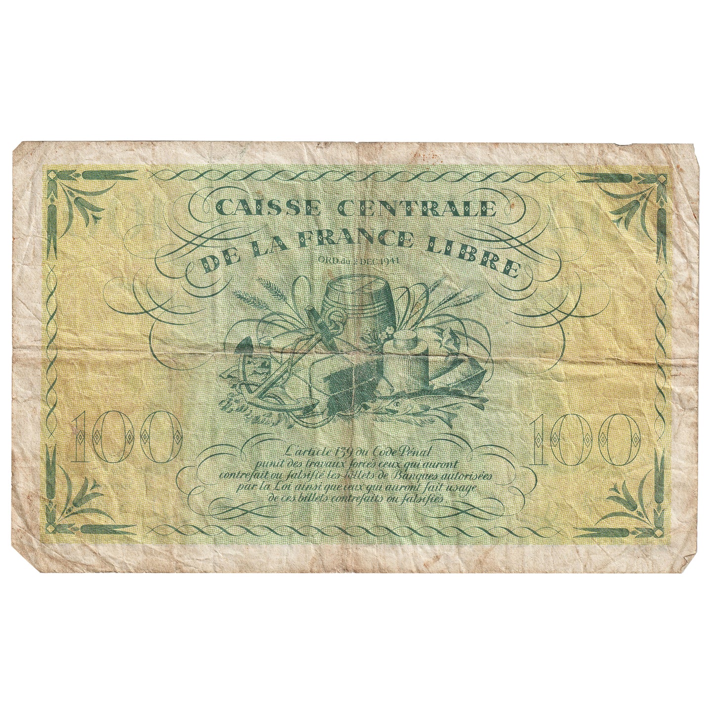French Guiana L.1941 100 Francs Note, Pick #16a, VF