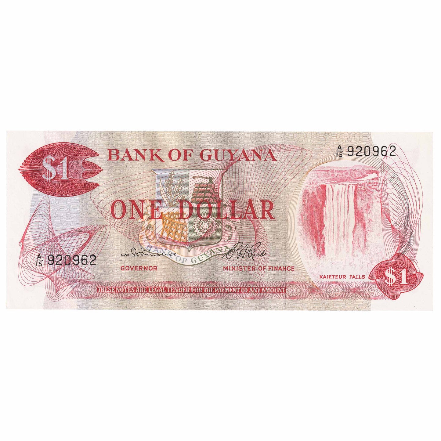 Guyana 1966-92 1 Dollar Note, Pick #21a, Signature 2, UNC