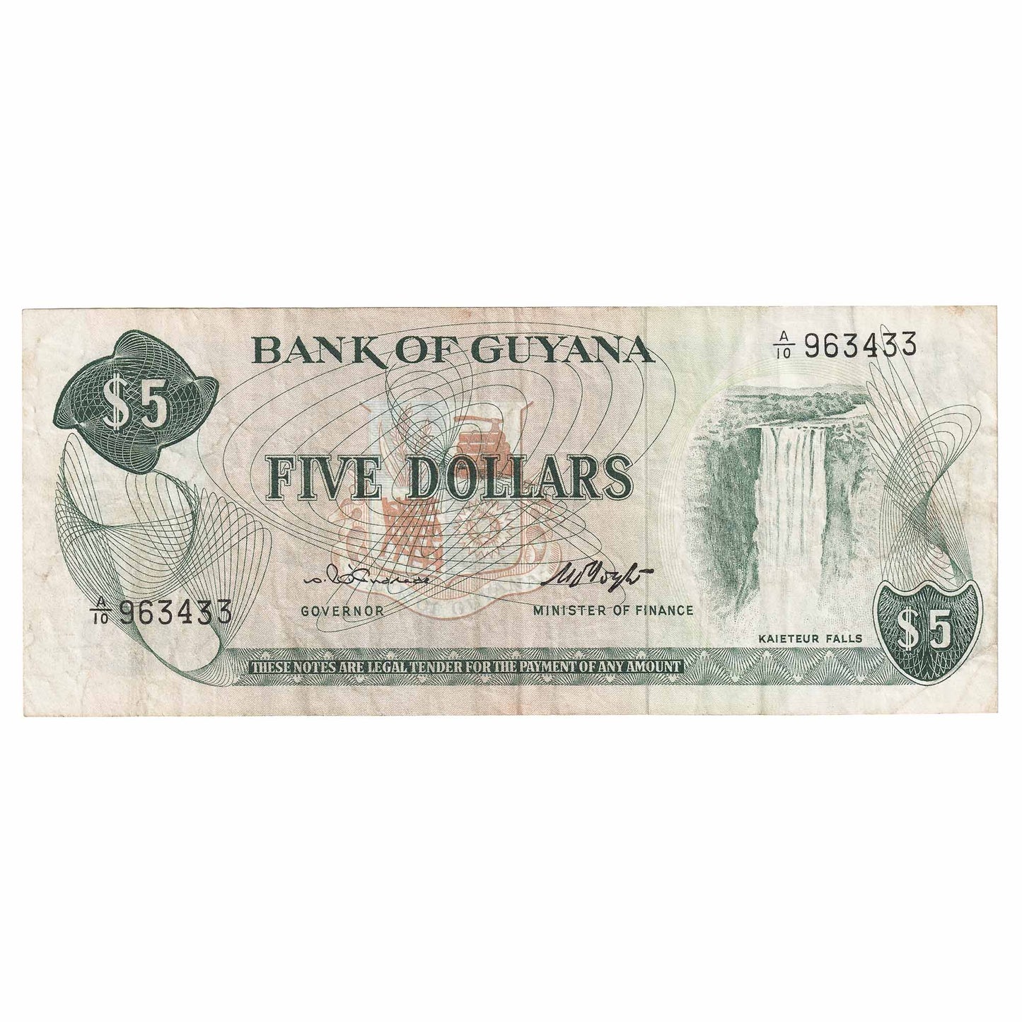 Guyana 1966-92 5 Dollar Note, Pick #22b, Signature 3, VF