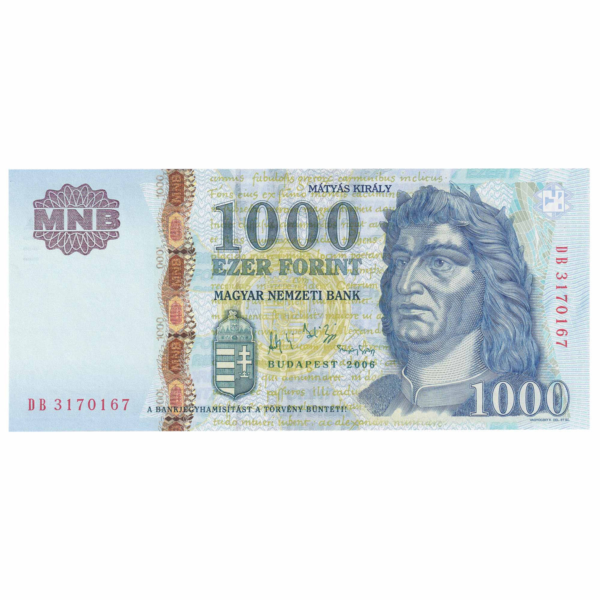 1000 Forint Note Hungary 2006 1,000 Forint Note, Pick #195b, UNC – Colonial Acres Coins