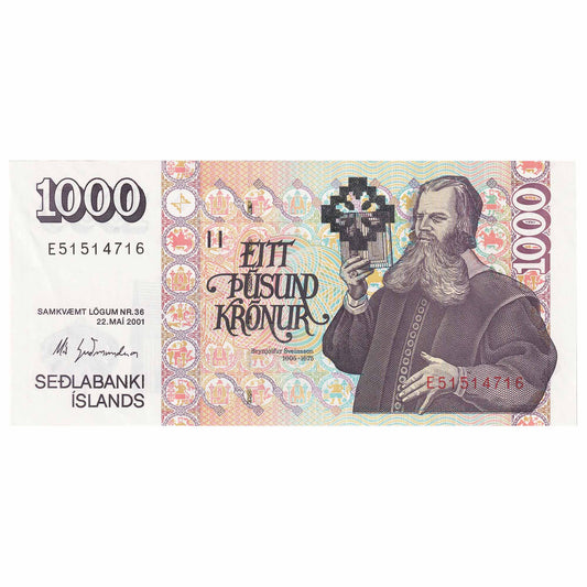 Iceland 2001 1000 Kronur Note, Pick #59, UNC
