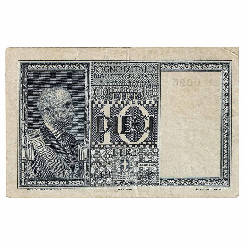 Italy 1939 10 Lire Note, Pick #25c, EF