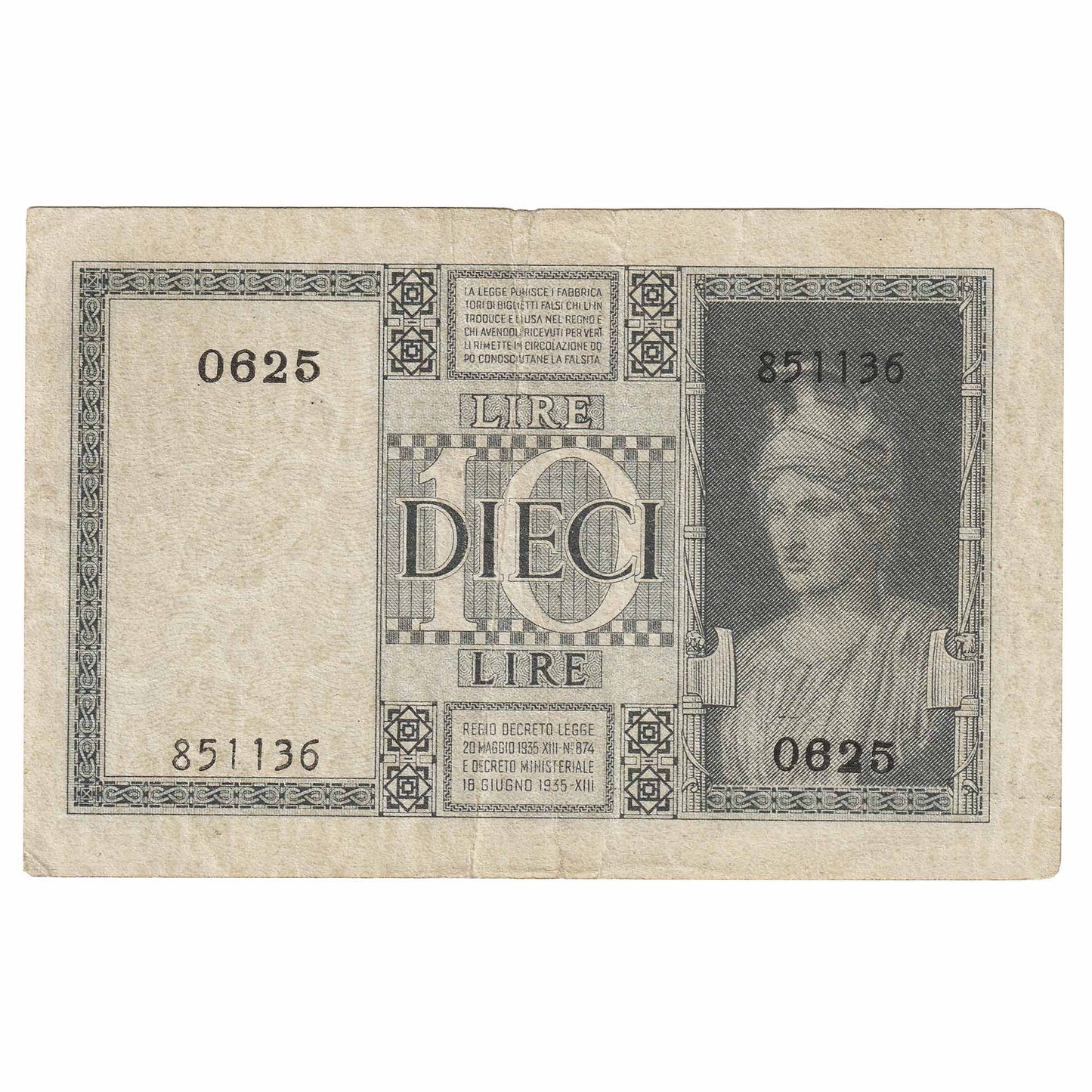 Italy 1939 10 Lire Note, Pick #25c, EF