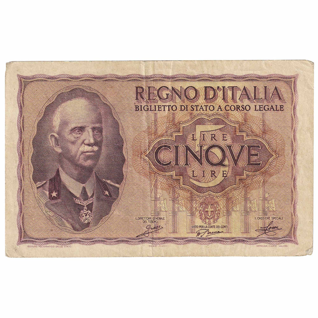 Italy 1940 5 Lire Note, Pick #28, EF