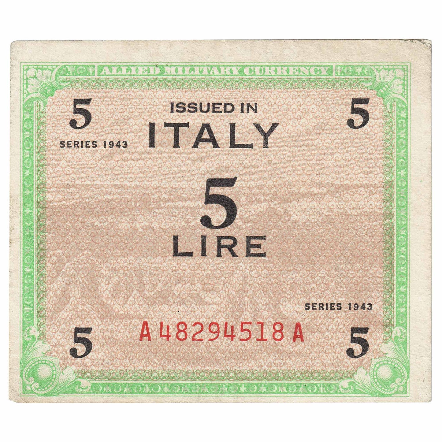 Italy 1943 5 Lire Note, Pick #M12a, With F, AU