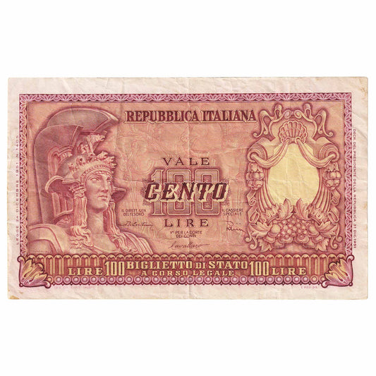 Italy 1951 100 Lire Note, Pick #92b, VF