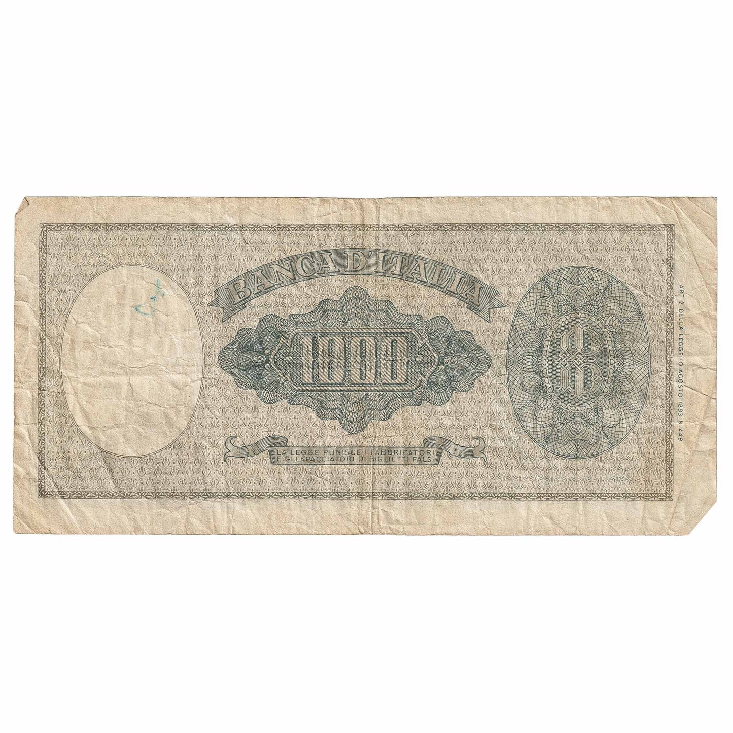 Italy 1959 1,000 Lire Note, Pick #88c, F