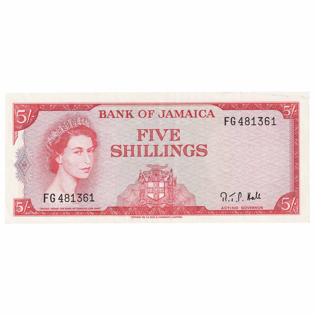 Jamaica L.1960 (1964) 5 Shilling Note, Pick #51Ac, Signature 2, AU