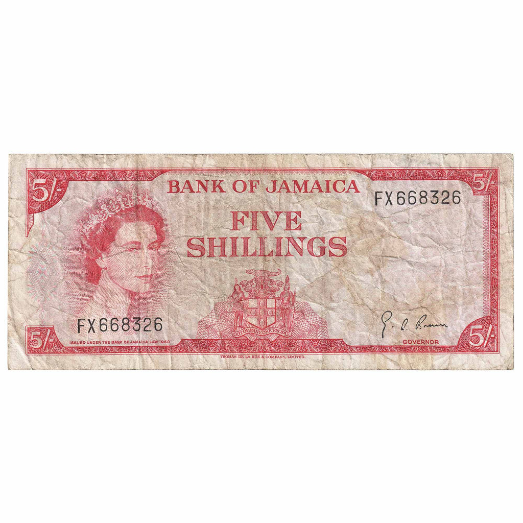 Jamaica L.1960 (1964) 5 Shilling Note, Pick #151Ad, Signature 4, VF